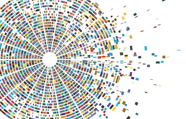 sharing 23andMe family tree DNA A colorful abstract image of a circular pattern made up of small rectangles in various colors.