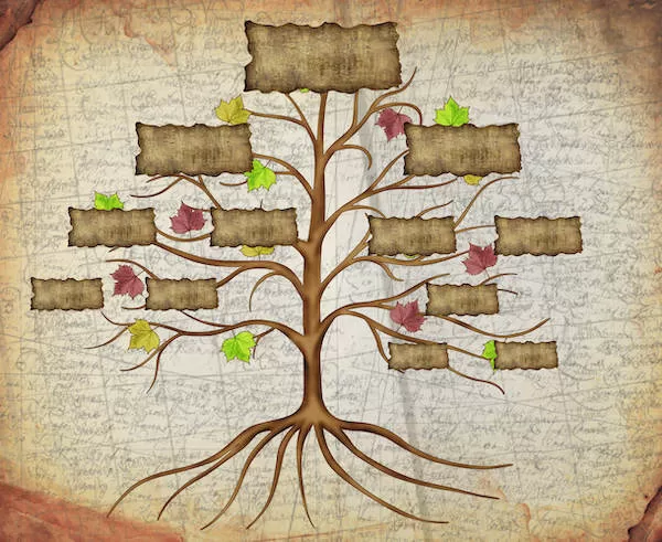 sharing family tree DNA A photo realistic image of a family tree on a parchment background with multiple blank labels for family members' names.
