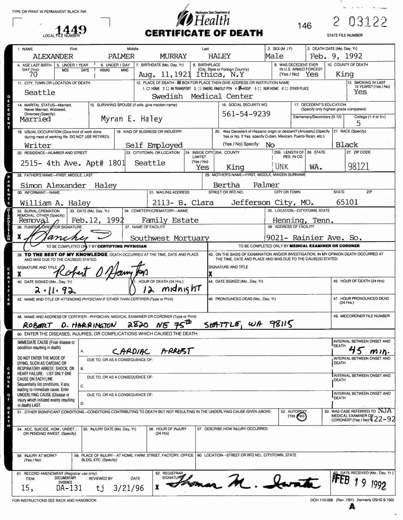 Alexander Palmer Murray Haley Death Certificate - February 9, 1992 alex-haley-death-certificate