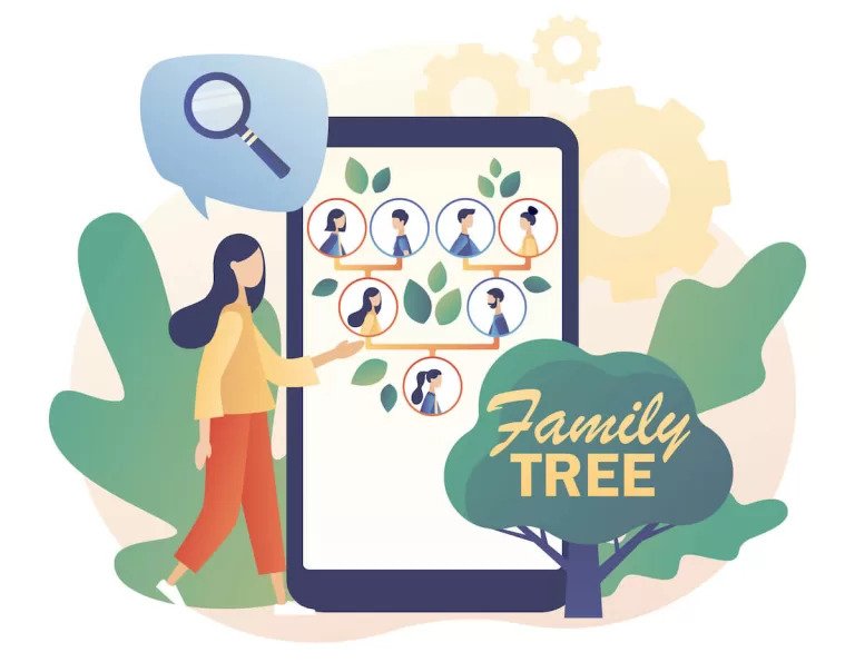 An illustration of a woman in a yellow outfit standing in front of a tablet device that shows a family tree with photos. An illustration of a woman in a yellow outfit standing in front of a tablet device that shows a family tree with photos.