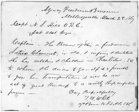 Records of the Field Offices for the State of Georgia Bureau of Refugees, Freedmen, and Abandoned Lands, 1865-1872; Transport of Old Freedwoman from Milledgeville, GA to Charleston, SC